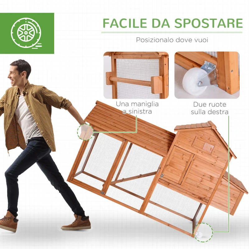 PawHut Pollaio per Galline Ovaiole, Gabbia per Galline e Polli Zincata per Esterno Grande, con Recinto e Ruote in Legno Naturale 210x90x130cm