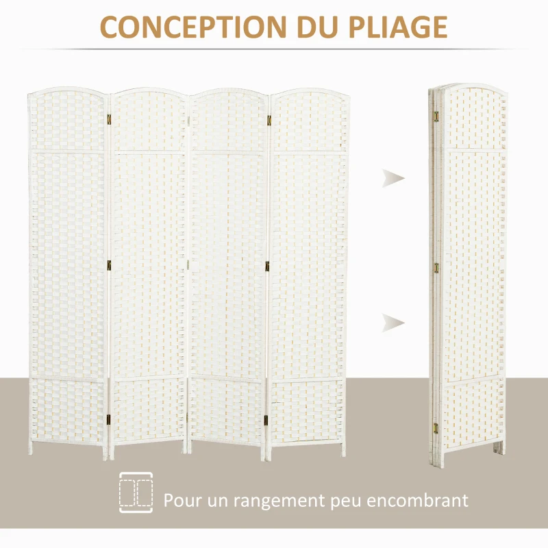 HOMCOM Paravent interieur en bois 4 panneaux 160 x 170 cm séparateur de pièce pliable pour salon, chambre à coucher, blanc