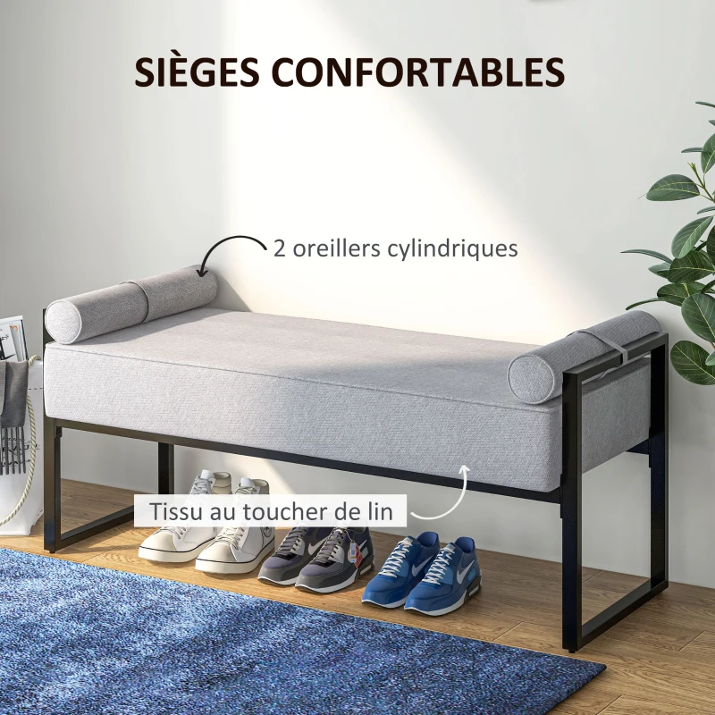 HOMCOM Banc bout de lit banquette assise rembourrée 2 oreillers cylindriques structure en acier 121,5 x 50,5 x 59 cm gris noir