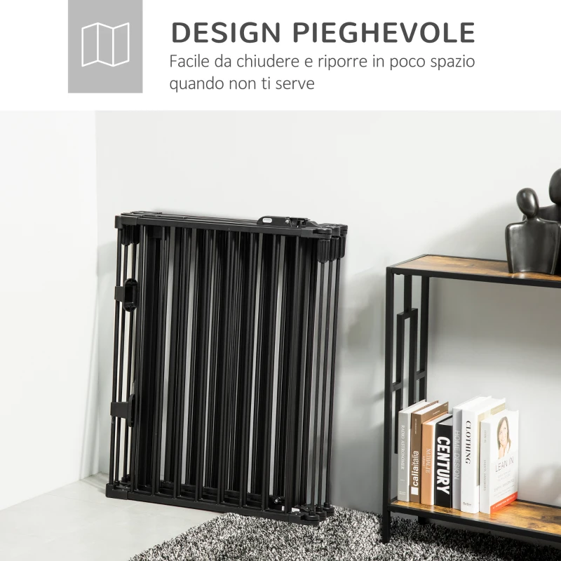 PawHut Cancelletto di Sicurezza Pieghevole 6 Sezioni, Cancellino Barriera per Cani in Acciaio, Sistema di Blocco e Chiusura Automatica, Nero