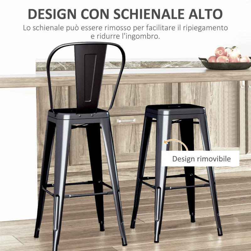 HOMCOM Set 2 Sgabelli da Bar Industriale con Schienale Rimovibile e Poggiapiedi, in Metallo, 44x49x116 cm, Nero