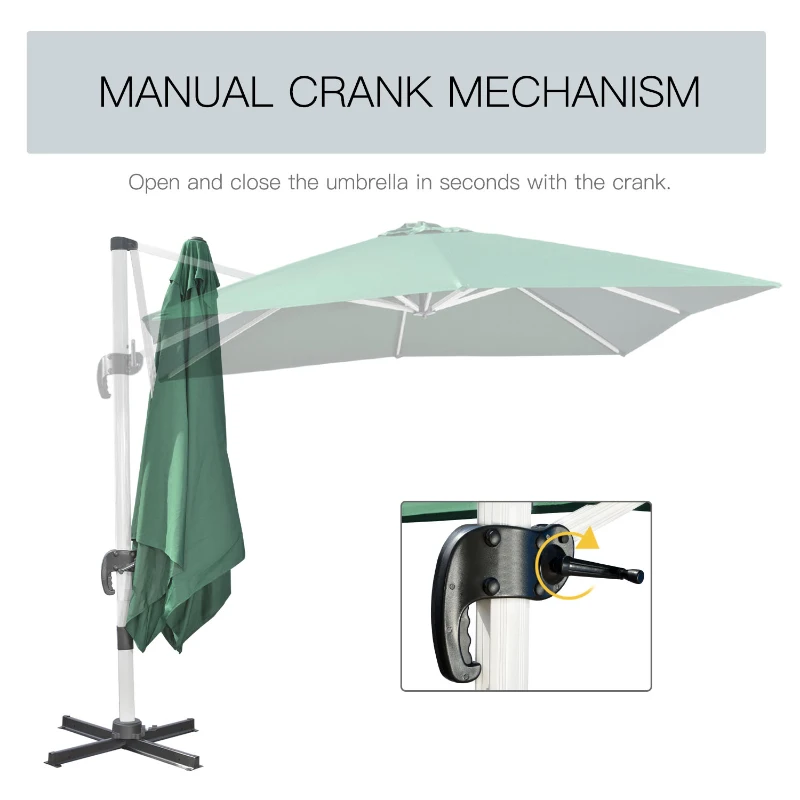 Outsunny 3 x 3(m) Cantilever Roma Parasol, Square Garden Umbrella with Cross Base, Crank Handle, Tilt, 360° Rotation and Aluminium Frame, Green