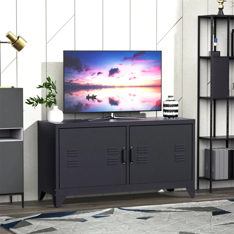 HOMCOM Meuble TV banc télévision design industriel 2 placards avec 2 étagères réglables passe-câbles structure acier noir
