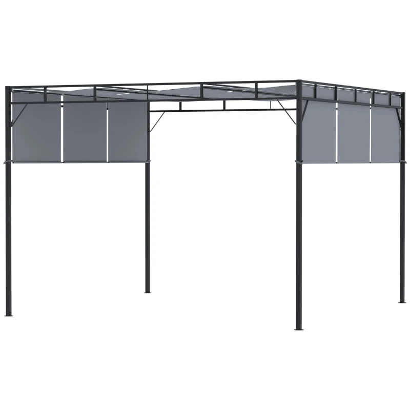 Outsunny 3 x 3(m) Steel Pergola Gazebo with Retractable Roof, Garden Gazebo Canopy Sun Shade Shelter for Outdoor, Deck, Patio, Dark Grey