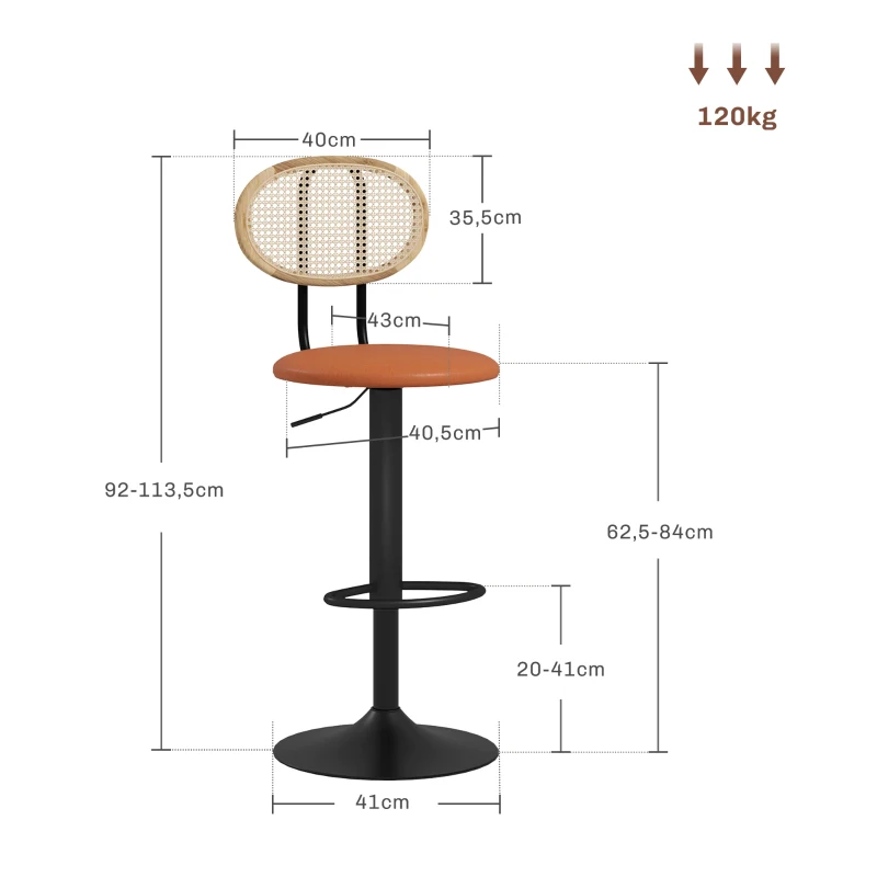 HOMCOM Lot de 2 tabourets de bar chaises de bar hauteur réglable avec dossier en rotin et repose-pieds, marron