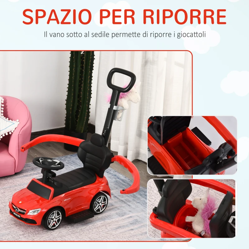 HOMCOM Macchina Cavalcabile per Bambini 12-36 Mesi con Maniglione e Barre di Sicurezza Rimovibili, Licenza Mercedes, Rossa
