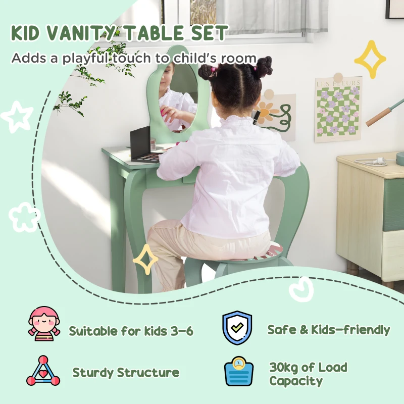 ZONEKIZ Kids Dressing Table with Mirror, Stool, Drawer, Cute Animal Design, Green