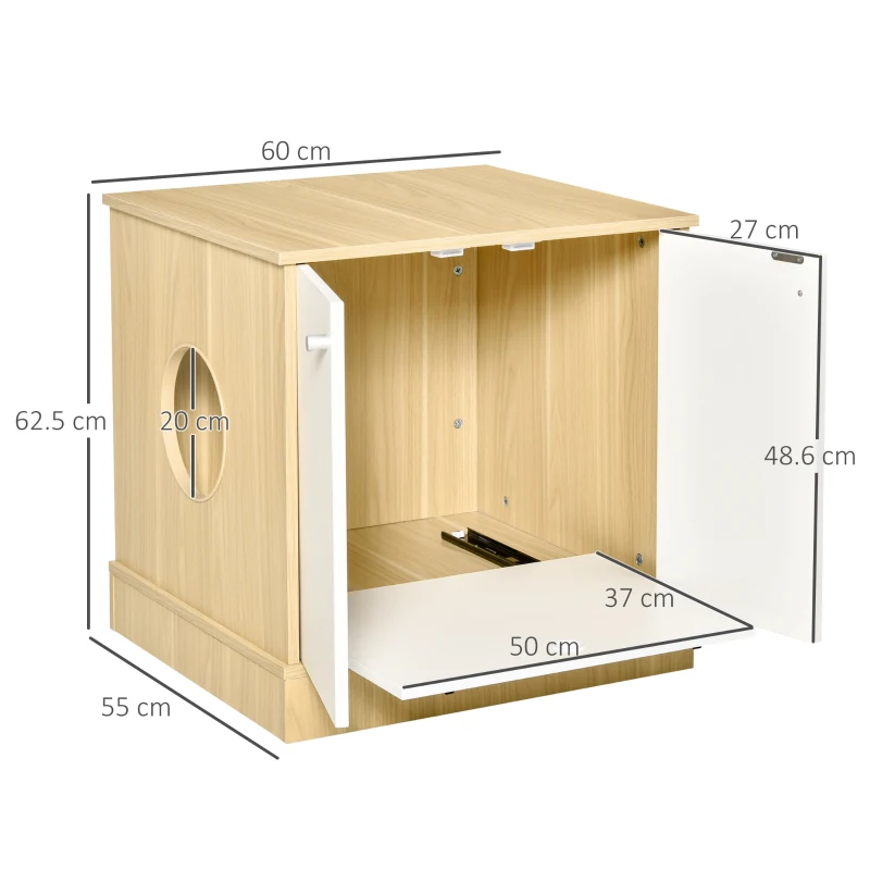 PawHut Mobile Lettiera per Gatti con 2 Ante e Ripiano Interno Estraibile, 60x55x62.5cm - Bianco e Legno