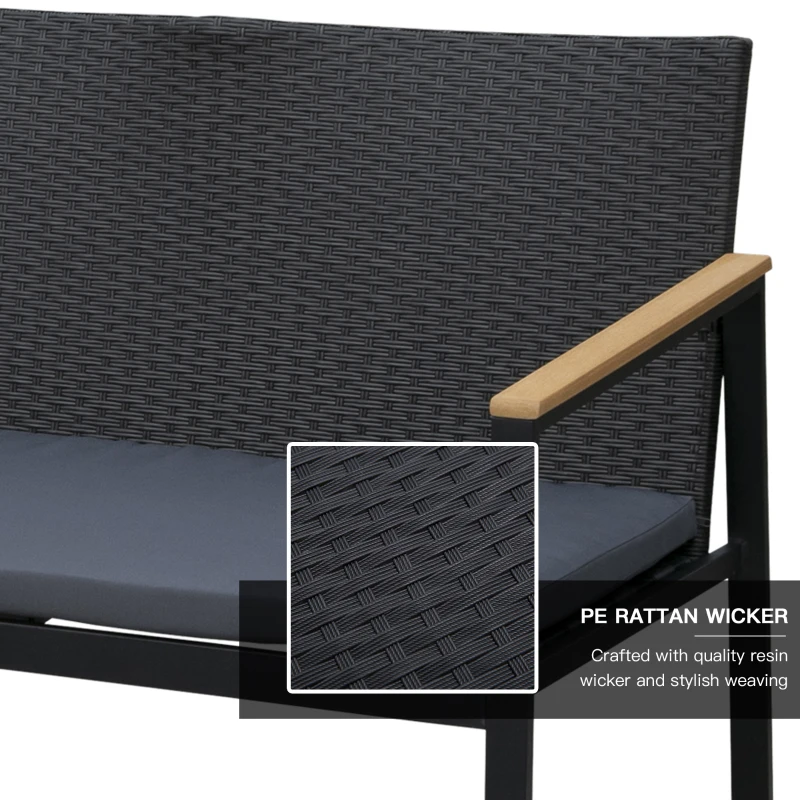 Outsunny 4 Pieces Rattan Garden Furniture Set, 4 Seater Garden Sofa Set with Loveseat, 2 Armchairs and Glass Top Coffee Table, Wicker Outdoor Conservatory Furniture with Cushions for Patio, Black