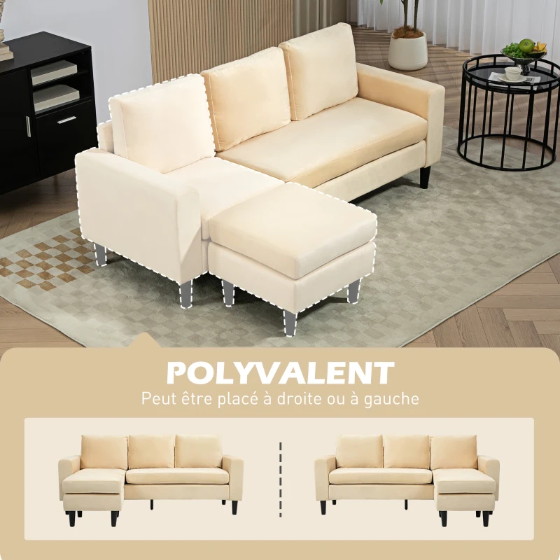 HOMCOM Canapé d'angle modulable avec pouf et 3 coussins, pieds en bois, tissu effet velours beige