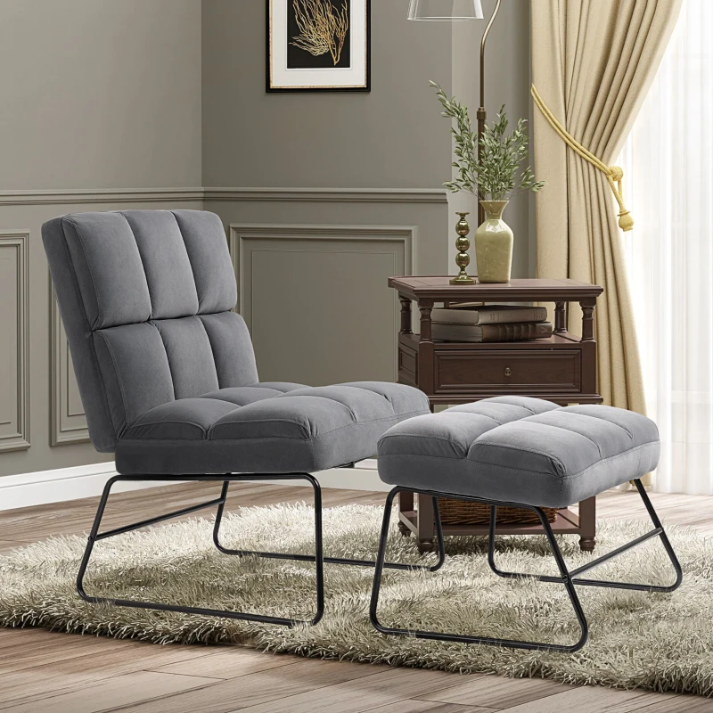 HOMCOM Poltrona Relax con Poggiapiedi per Interni, Set 2 Pezzi in Effetto Velluto e Metallo, Grigia