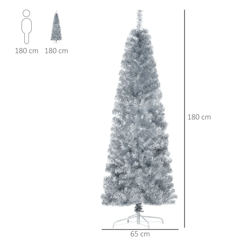 HOMCOM Albero di Natale Artificiale Alto 180cm con 618 Rami, Albero di Natale Slim con Base Rimovibile, in PET e Acciaio, Argento