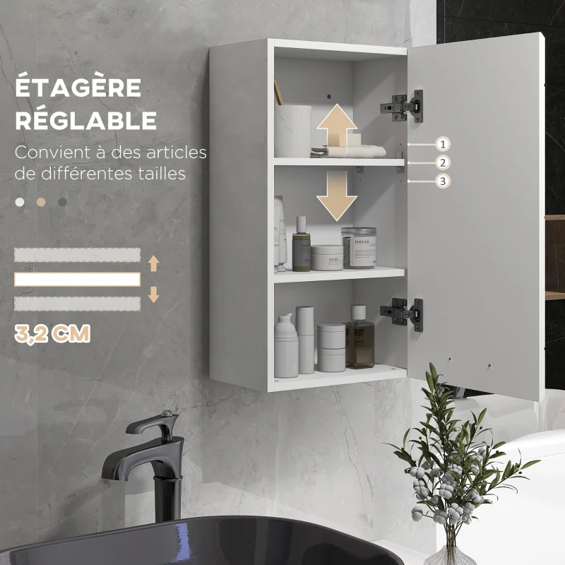 kleankin Armoire murale de salle de bain 1 porte avec étagère réglable en hauteur 3 niveaux 37 x 22,5 x 70 cm blanc haut brillant