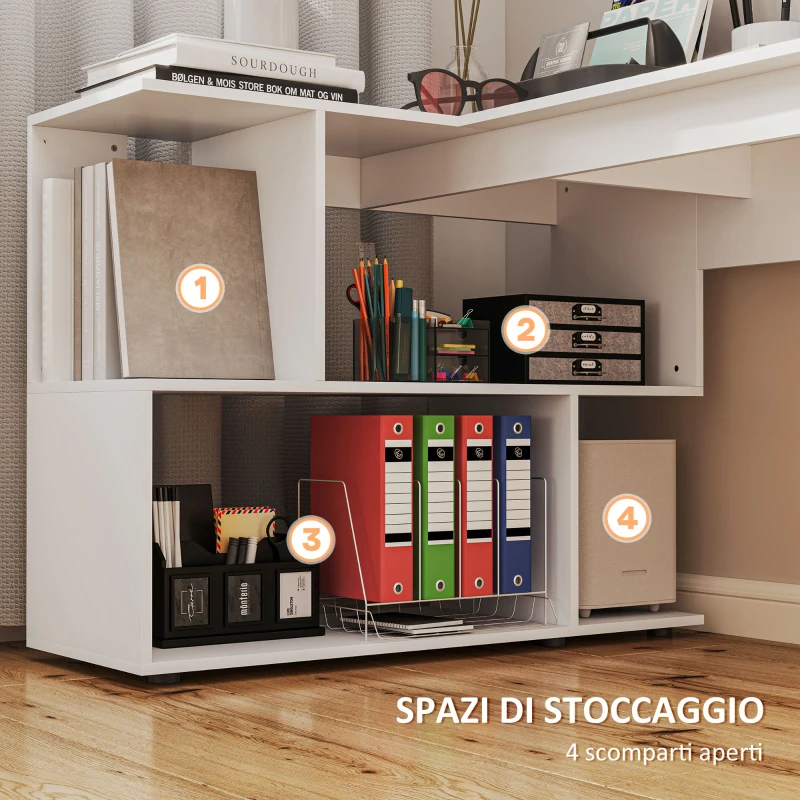 HOMCOM Scrivania Angolare Moderna per Ufficio con 4 Ripiani in Legno Bianco, 120x100x77 cm