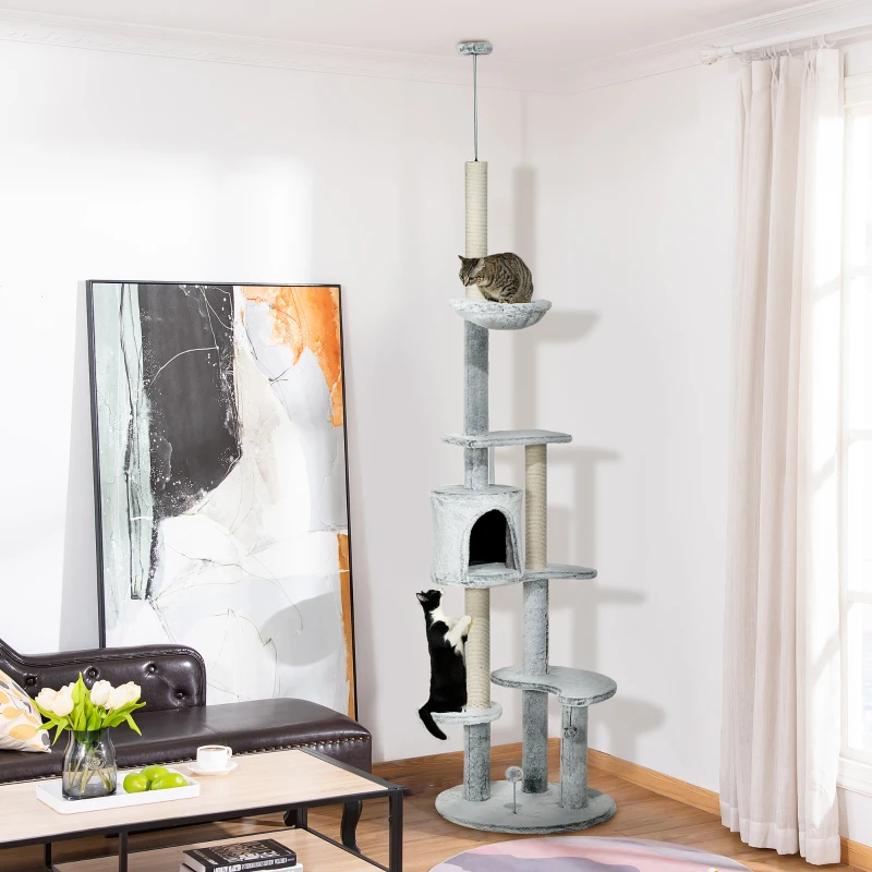 PawHut Árbol Rascador para Gatos de Suelo a Techo Ajustable Altura con Cueva Hamaca y Postes Rascadores Ø60x225-255 cm Gris