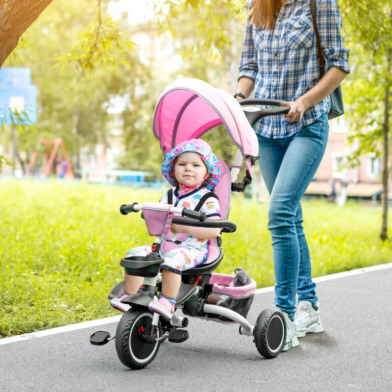 HOMCOM Multifunctional Kids Tricycle, with Rotatable Seat, Adjustable Push Handle - Pink