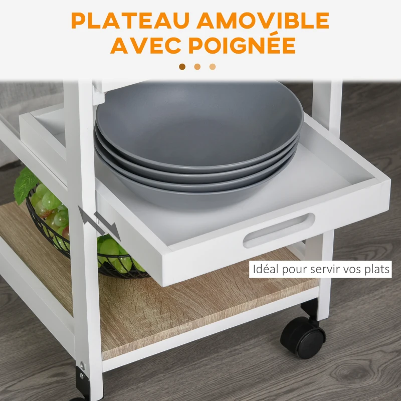 HOMCOM Chariot de service desserte de cuisine à roulettes panier + 2 plateaux amovibles, tiroir, étagère MDF chêne clair bois pin blanc