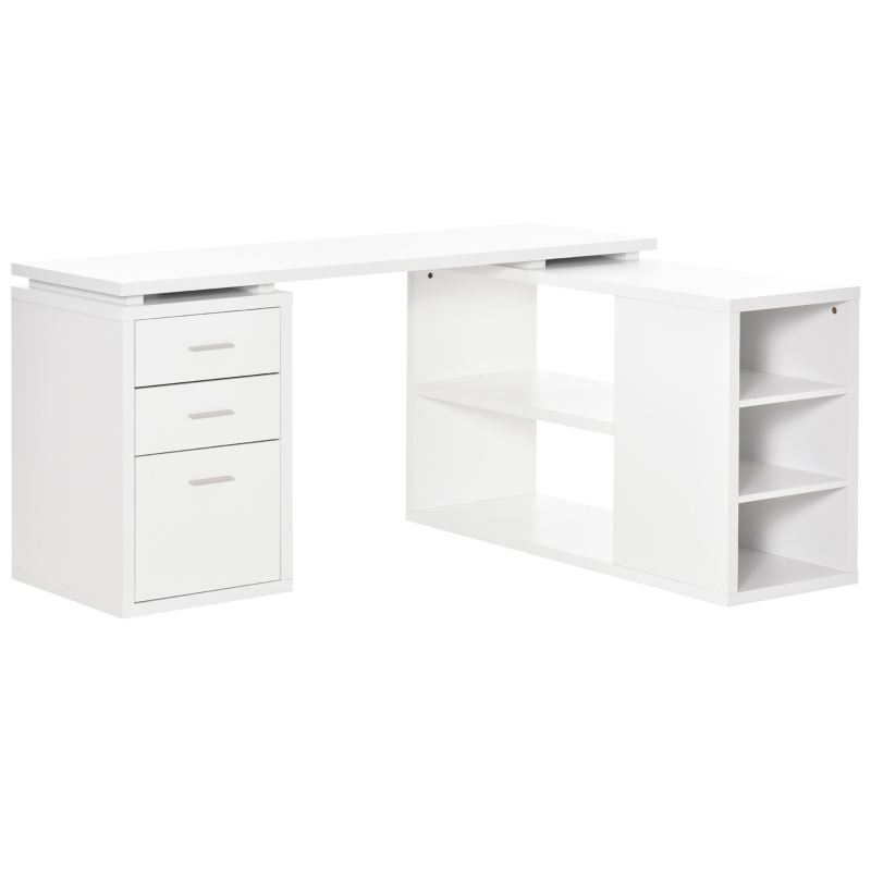 HOMCOM Reversible L-Shaped Computer Desk, Home Office Corner Desk, Study Workstation Table with Storage Shelves and Drawers for Letter Size, 150 x 120 x 74.5cm, White
