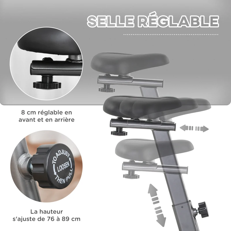 Vélo d'appartement volant d'inertie 8 Kg résistance magnétique 10 niveaux écran LCD multifonction capteur fréquence cardiaque selle réglable acier gris
