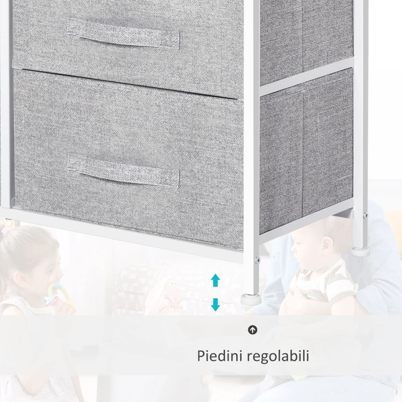 HOMCOM Cassettiera in Metallo Bianco e Legno con 5 Cassetti Pieghevoli e Rimovibili in Tessuto Grigio, 83Lx 29P x 77Acm