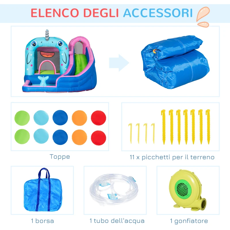 Outsunny Gioco Gonfiabile per Bambini 3-8 Anni a tema Narvalo con Borsa, 11 Paletti e Toppe Inclusi, 330x280x200 cm