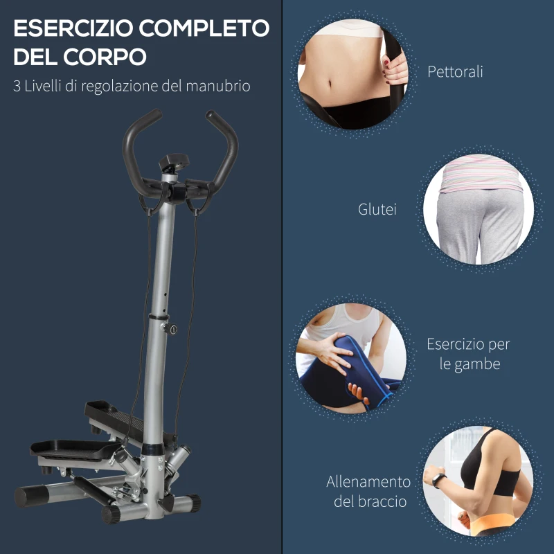HOMCOM Stepper con Manubrio Regolabile, Monitor LCD ed Elastici, 55x53x118-128cm, Nero