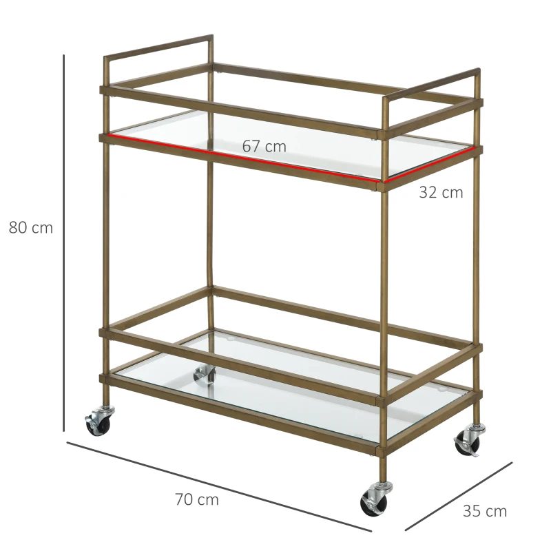 HOMCOM Chariot de service desserte de cuisine à roulettes 2 étagères verre dim. 70L x 35l x 80H cm métal doré