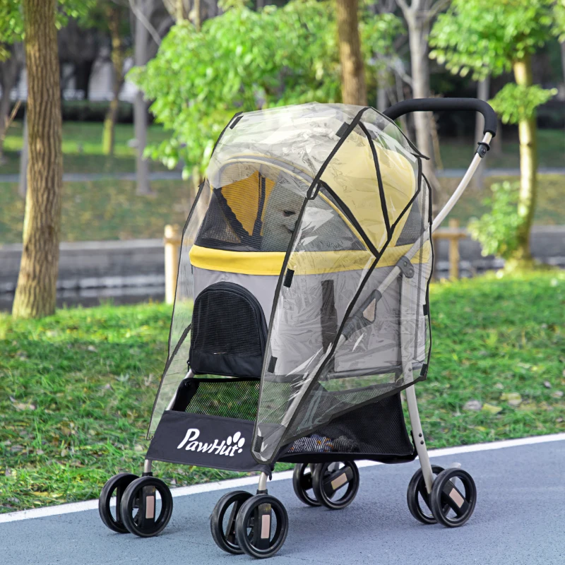 PawHut Detachable Pet Stroller with Rain Cover, 3 In 1 Cat Dog Pushchair, Foldable Carrying Bag w/ Universal Wheels, Brake, Canopy, Basket, Storage Bag for Small and Tiny Dogs - Yellow
