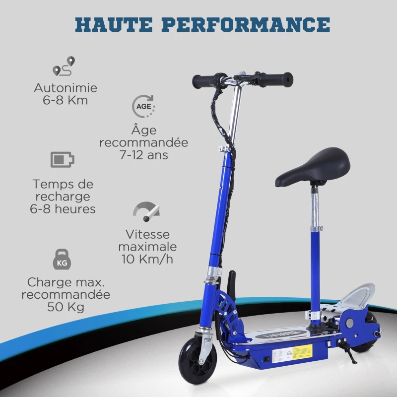 HOMCOM Trottinette électrique 120 W pliable pour enfant de 7 à 12 ans hauteur guidon et selle réglable 10 Km/h max. bleu
