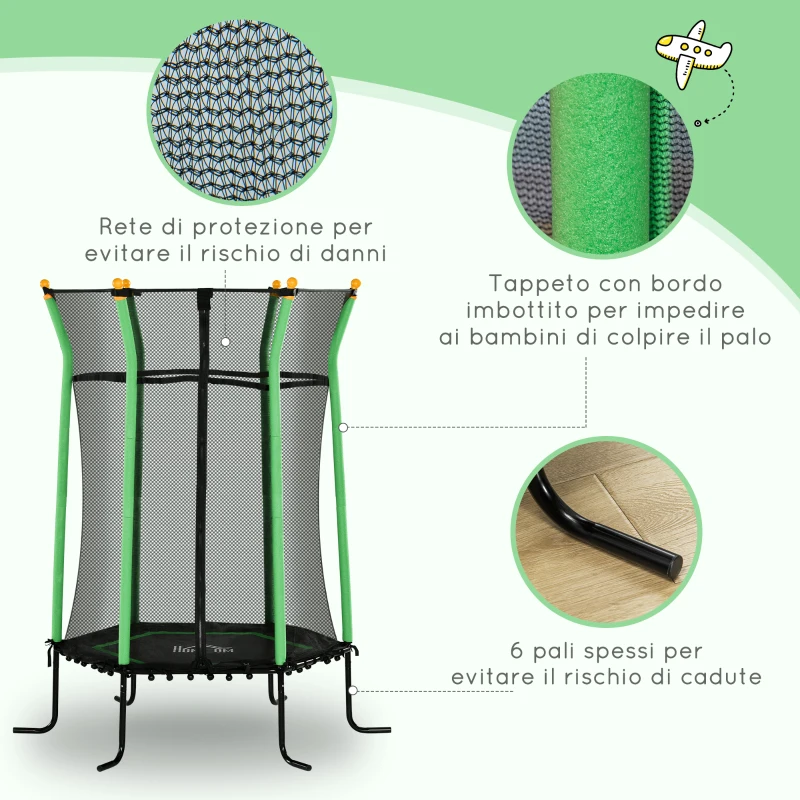 HOMCOM Trampolino Elastico per Bambini 3-10 Anni con Ingresso a Cerniera e Pali Imbottiti, Ø163.5x190 cm, Verde