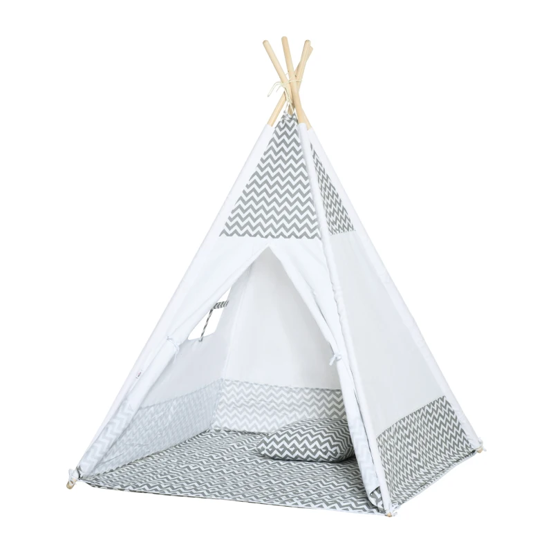 HOMCOM Tente Teepee Indien Tente de jeu pour Enfant Style Graphique - dim. 1,2L x 1,2I x 1,55H m - Porte refermable Fenêtre Tapis Coussin Sac Transport Inclus - à l'Intérieur à l'Extérieur Gris Blanc
