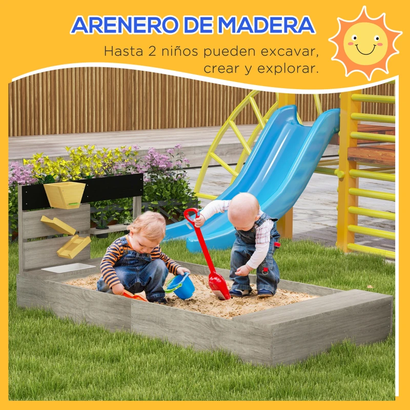 Outsunny Arenero Infantil con 2 Asientos 2 Cajas para Plantar y Juguete de Cocina para Patio Jardín 154x80x60 cm Gris