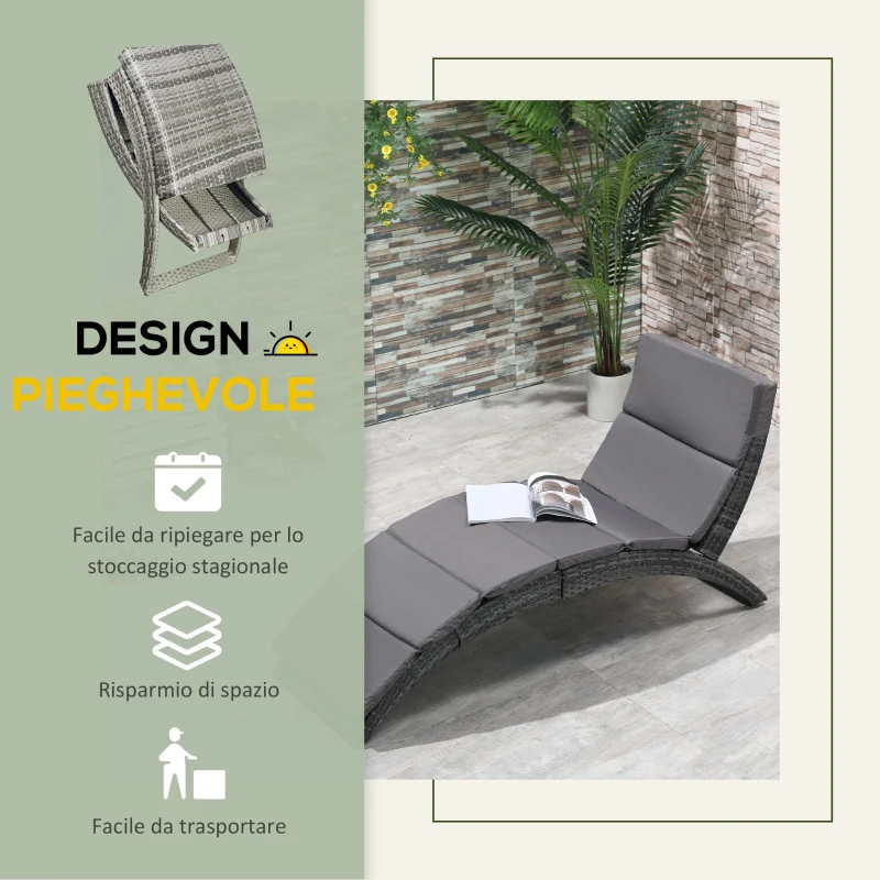 Outsunny Sdraio da Giardino Pieghevole in Rattan PE Ergonomica con Cuscino, Grigio