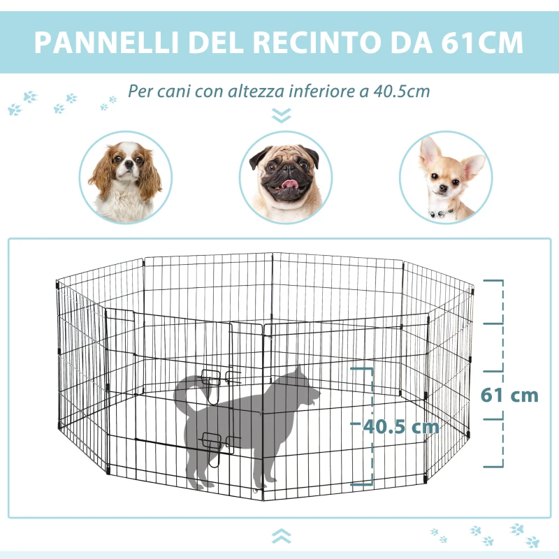 PawHut Recinto per Cani da Esterno, Box Gabbia per Cani Gatti Cuccioli Roditori Recinzione Rete 8 Pezzi 61 x 61cm Nero