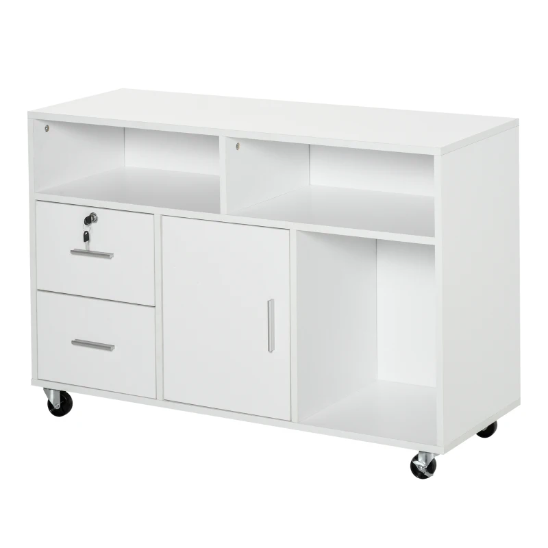 HOMCOM Mobile File Cabinet for Home Office, Lateral Filing Cabinet, Printer Stand with Open Shelves, Lockable Drawer,100cm x 35cm x 65cm, White