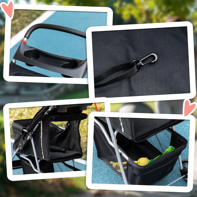 PawHut Passeggino per Cani Pieghevole con Cestino e Portabicchiere, Peso Max. 10 kg, 75x45x97cm, Nero