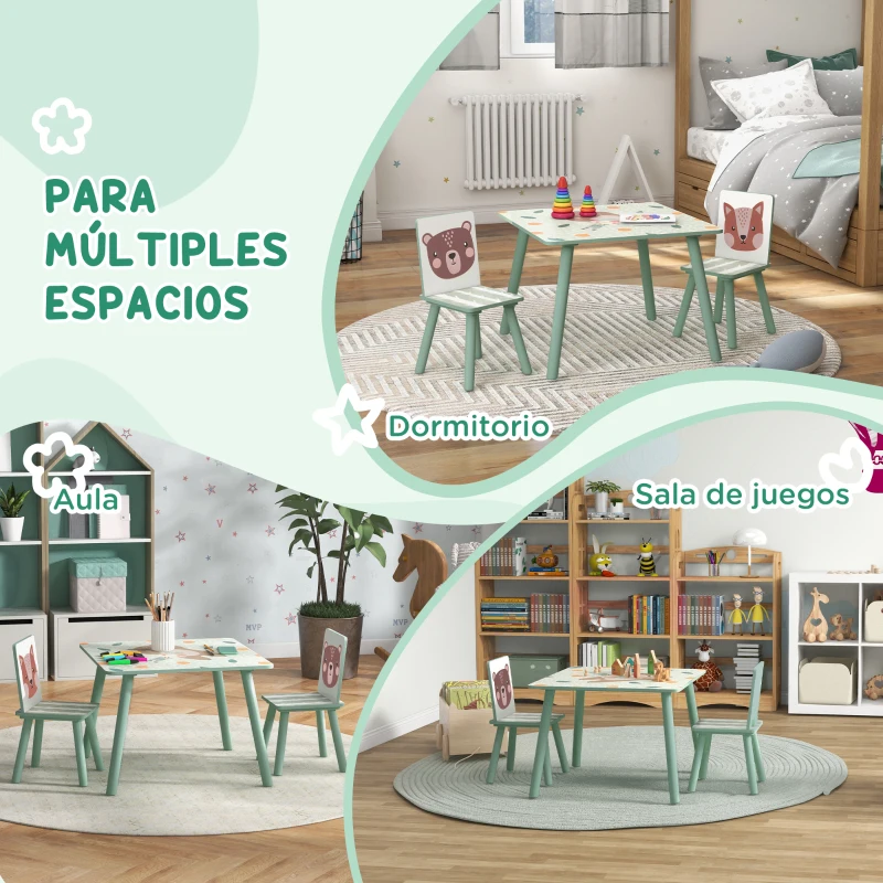 ZONEKIZ Set de Mesa y 2 Sillas Conjunto de Muebles Infantiles de 3 Piezas para Niños de +3 Años con Estampado Animales y Verde