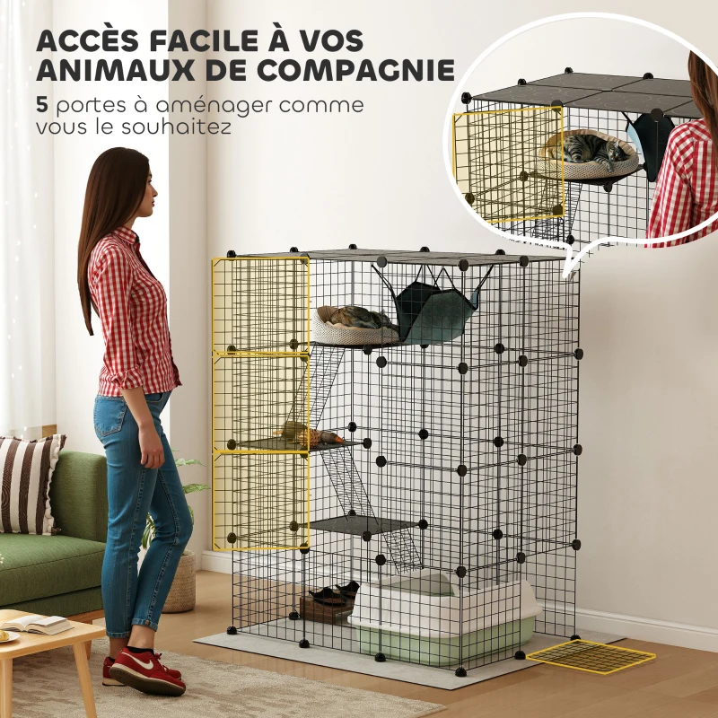 PawHut Cage pour chat d'intérieur parc pour chat en acier à 4 niveaux DIY avec 5 portes hamac 1-3 chats 105 x 70 x 140 cm noir