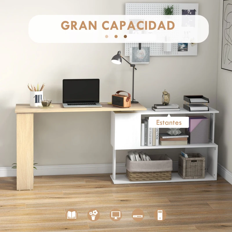 HOMCOM Escritorio en L con Estantería Mesa de Escritorio con Estantes para Oficina Estudio 120x110x74,5 cm Natural y Blanco