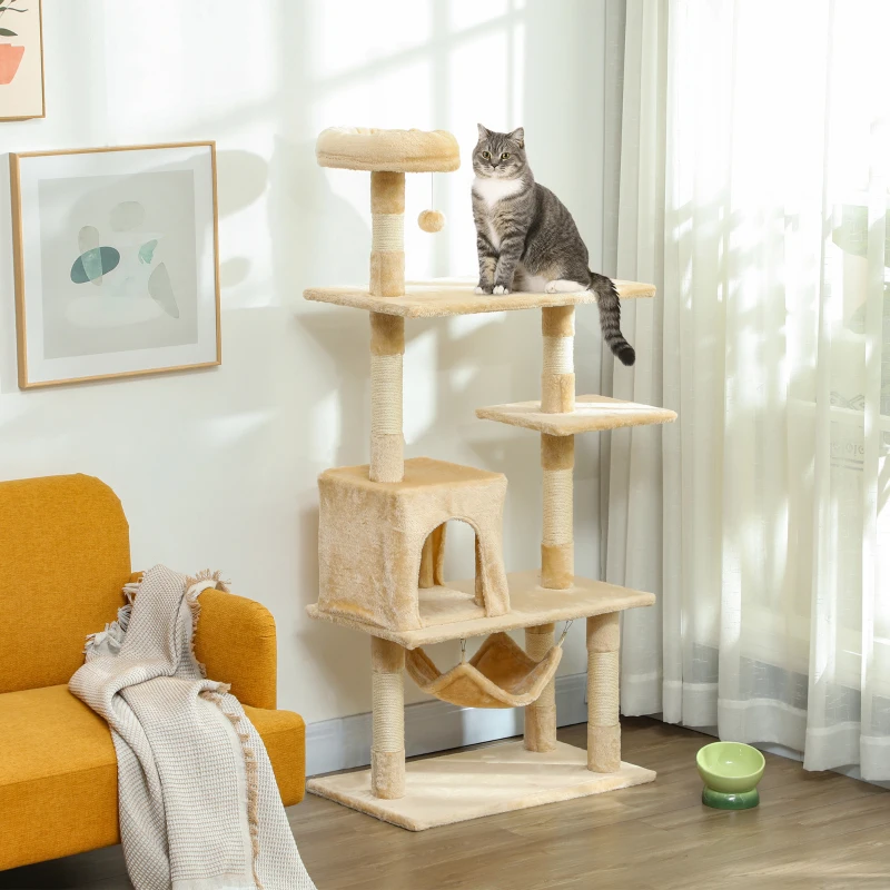 PawHut Árbol Rascador para Gatos Grande 70x40x152 cm Torre para Gatos con Múltiples Plataformas Cueva Hamaca Postes Beige