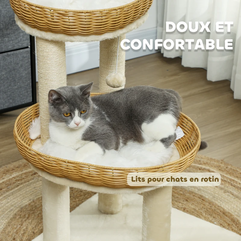 PawHut Arbre à chat arbre à grimper hauteur de 75,5 cm avec deux lits pour chat en rotin griffoirs coussins lavables beige