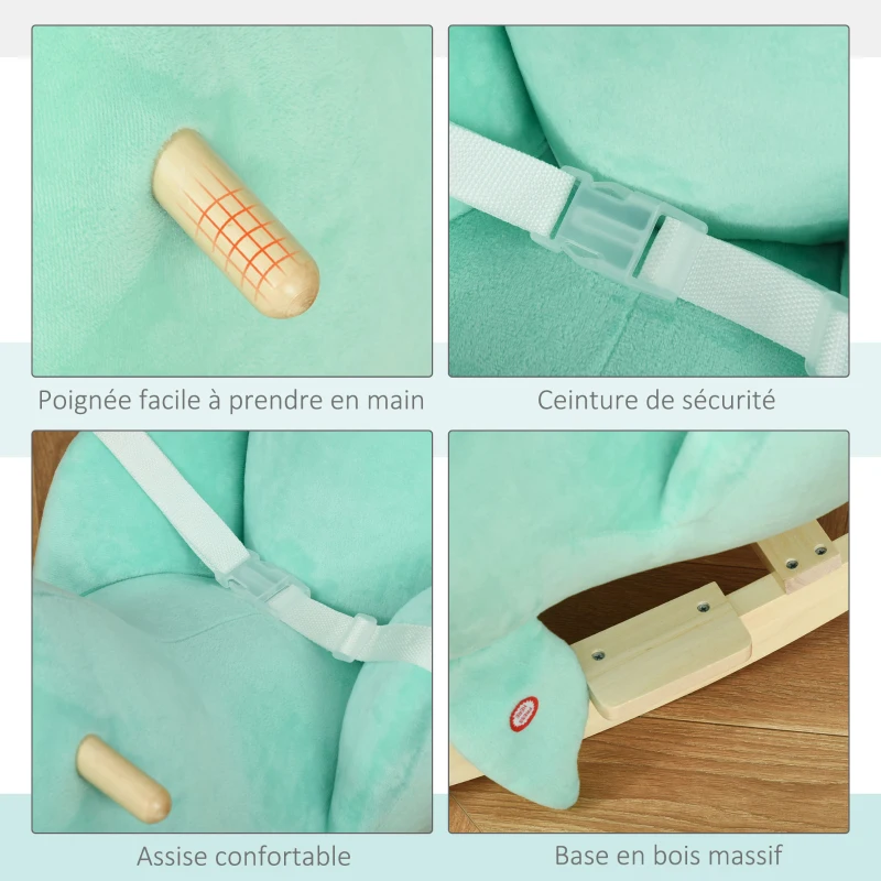 HOMCOM Jouet à Bascule Baleine - Effet sonore Chant Baleine - Fauteuil intégré, Ceinture de sécurité - Bois peuplier Peluche Courte Polyester Turquoise Clair