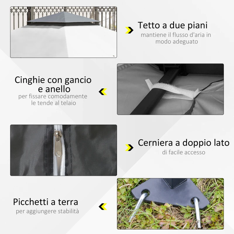 Outsunny Gazebo Pieghevole 3.6x3.6m con Prese d'Aria e Zanzariere, in Acciaio e Tessuto Oxford, Grigio