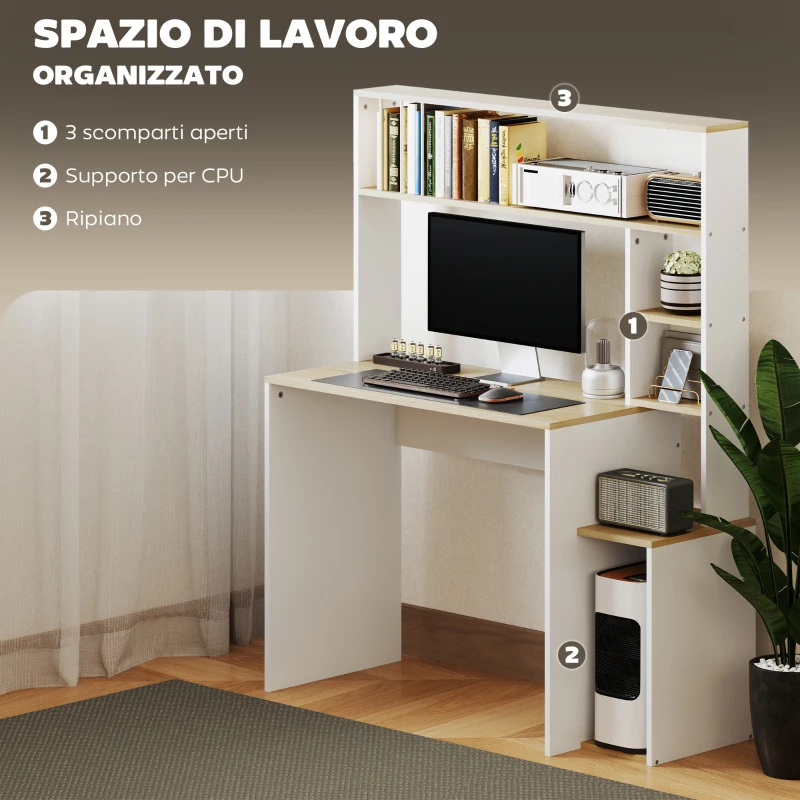 HOMCOM Scrivania Moderna per PC con Libreria, Scaffale e Porta CPU, 113x45x138.5 cm, Rovere