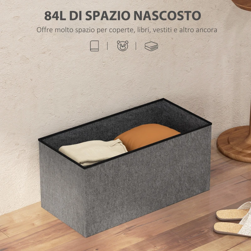 HOMCOM Panca Contenitore Pieghevole da 84L, Coperchio Imbottito e Rivestimento in Tessuto, 76x38x38cm, Grigio Scuro