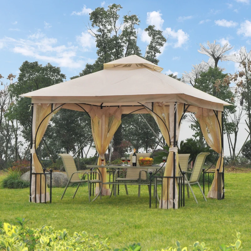Outsunny 3 x 3(m) Garden Gazebo Patio Party Tent Shelter Outdoor Canopy Double Tier Sun Shade Metal Frame Netting, Beige