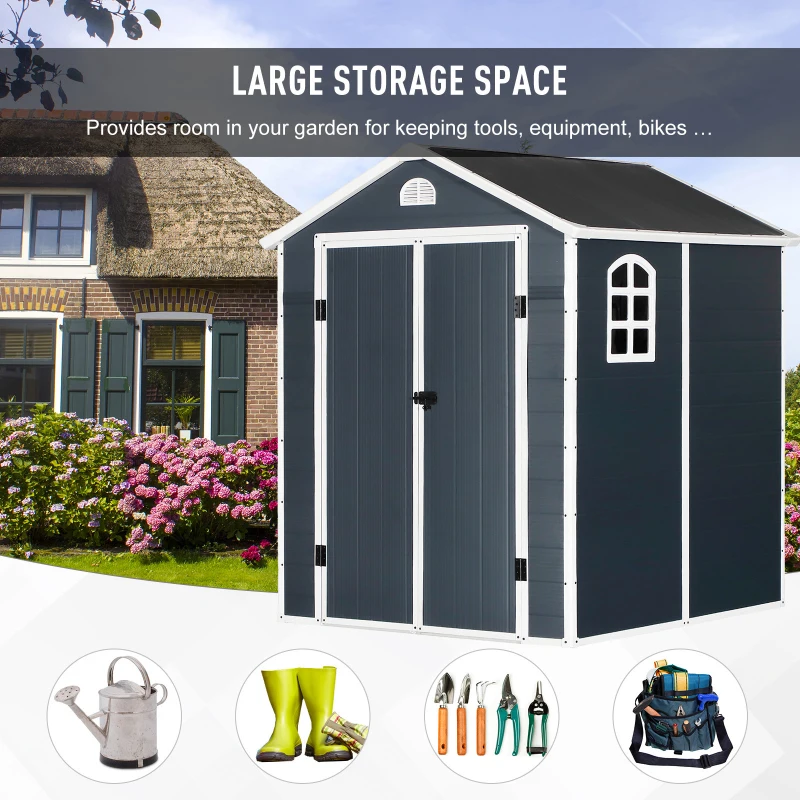 Outsunny 6.5ft x 6.5ft Plastic Garden Storage Shed Waterproof Outdoor Patio Equipment Tool Storage w / Latch & Window - Grey