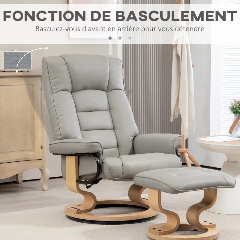 HOMCOM Fauteuil de relaxation inclinable avec repose-pied, pivotant, cadre en bois , revêtement synthétique gris