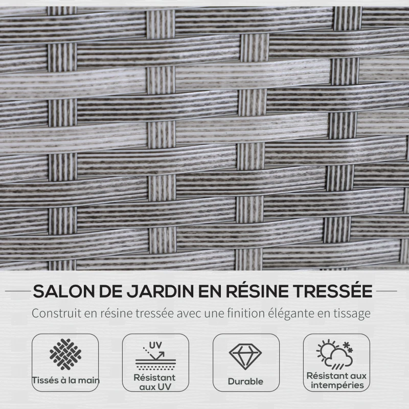 Outsunny Salon de jardin 6 pers. grand confort canapé d'angle + 2 poufs + table à manger 9 coussins assise & dossier fournis résine tressée grise
