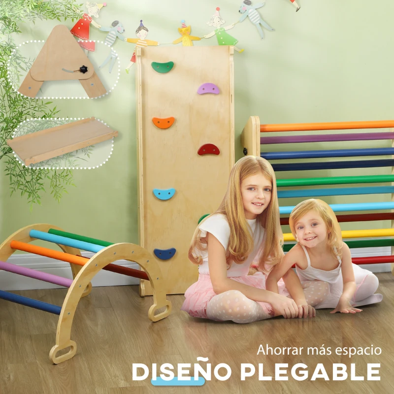 AIYAPLAY Triángulo de Escalada de Madera 5 en 1 con Rampa Escalador de Arco 178x64,5x63 cm Multicolor(m-7)